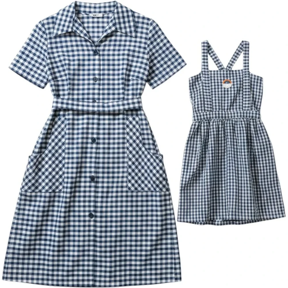 Vintage Handmade Mommy and Me Gingham Dress Set Navy Blue Cottagecore Matching
